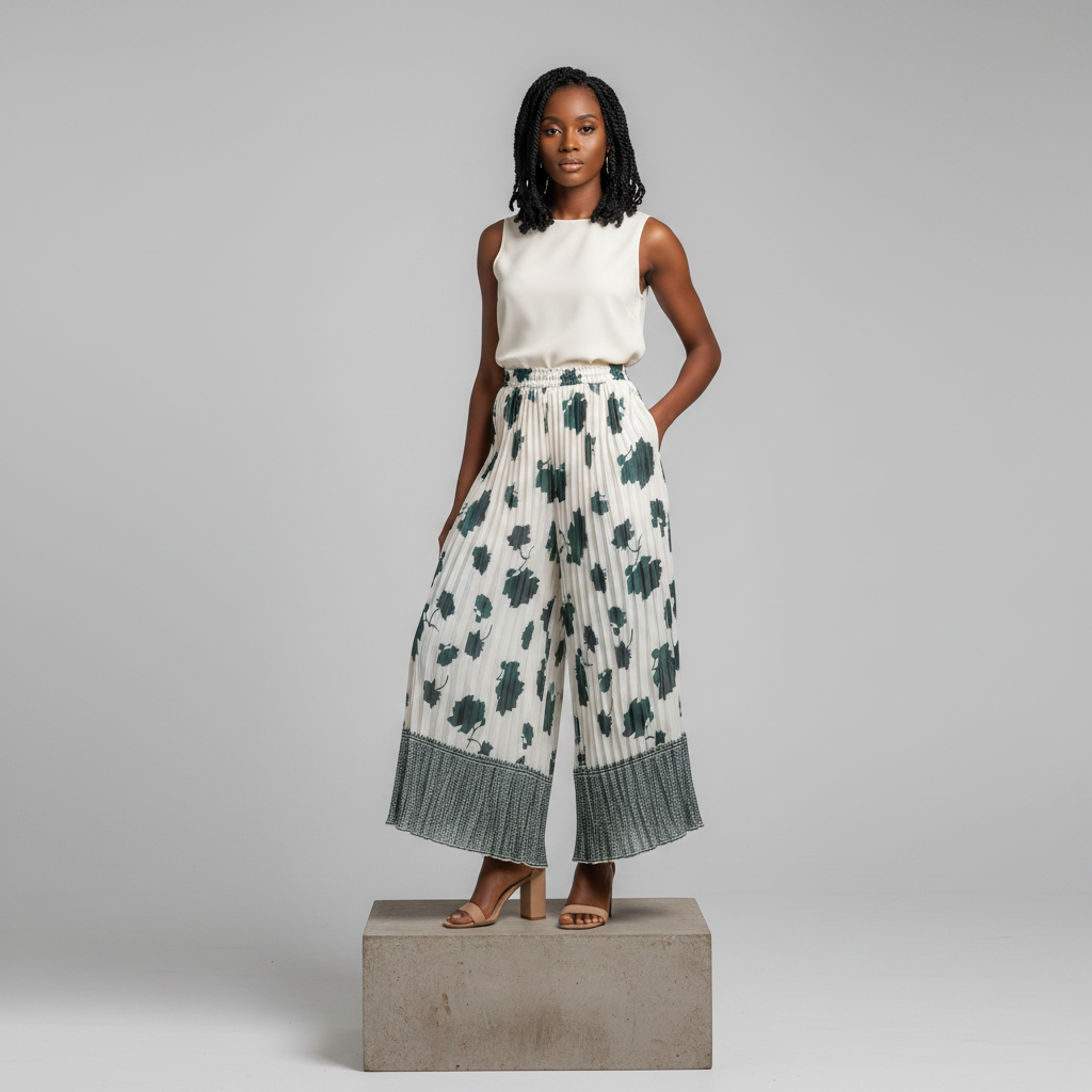 White Green Floral Wide-Leg Trousers - Model Front