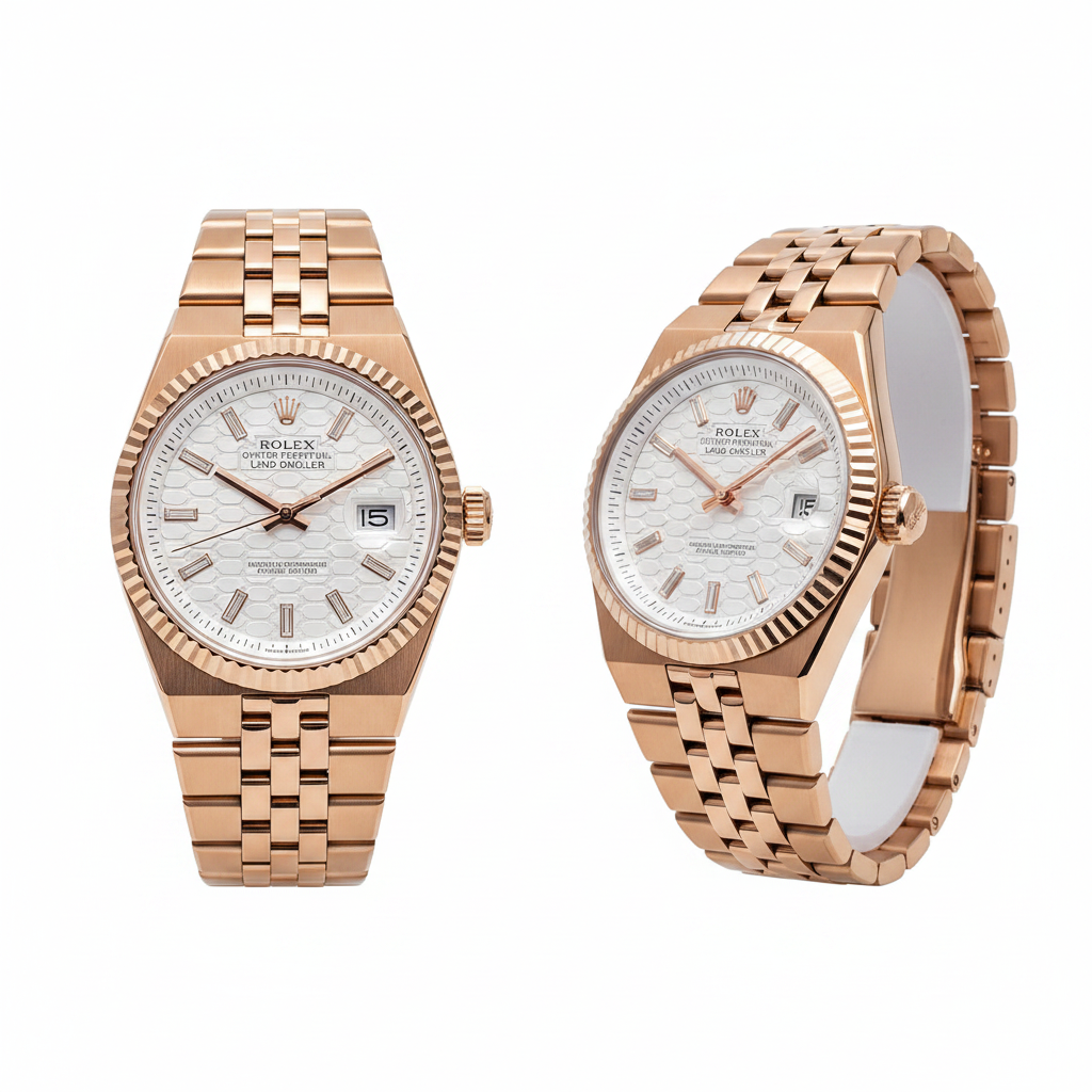 Rose gold Oyster Perpetual fluted bezel watch with white honeycomb dial, front and side view on white background