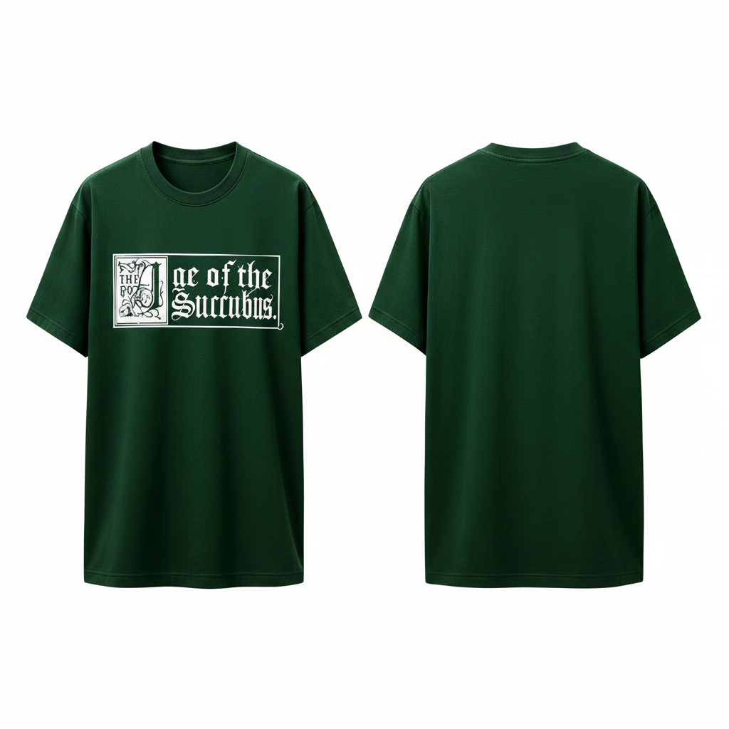 Men's dark green short-sleeve gothic text box graphic tee ghost mannequin front and back view