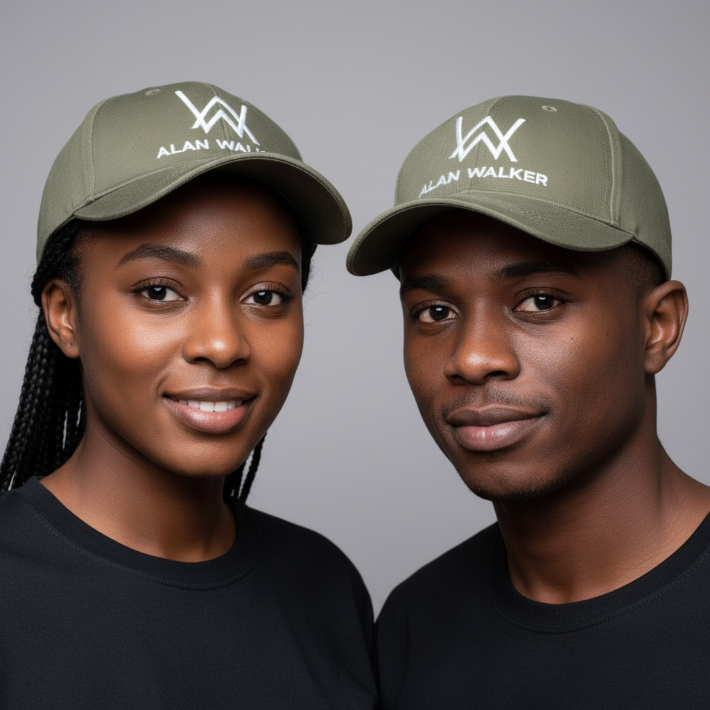 Nigerian male and female models wearing olive green Alan Walker AW logo embroidered baseball cap
