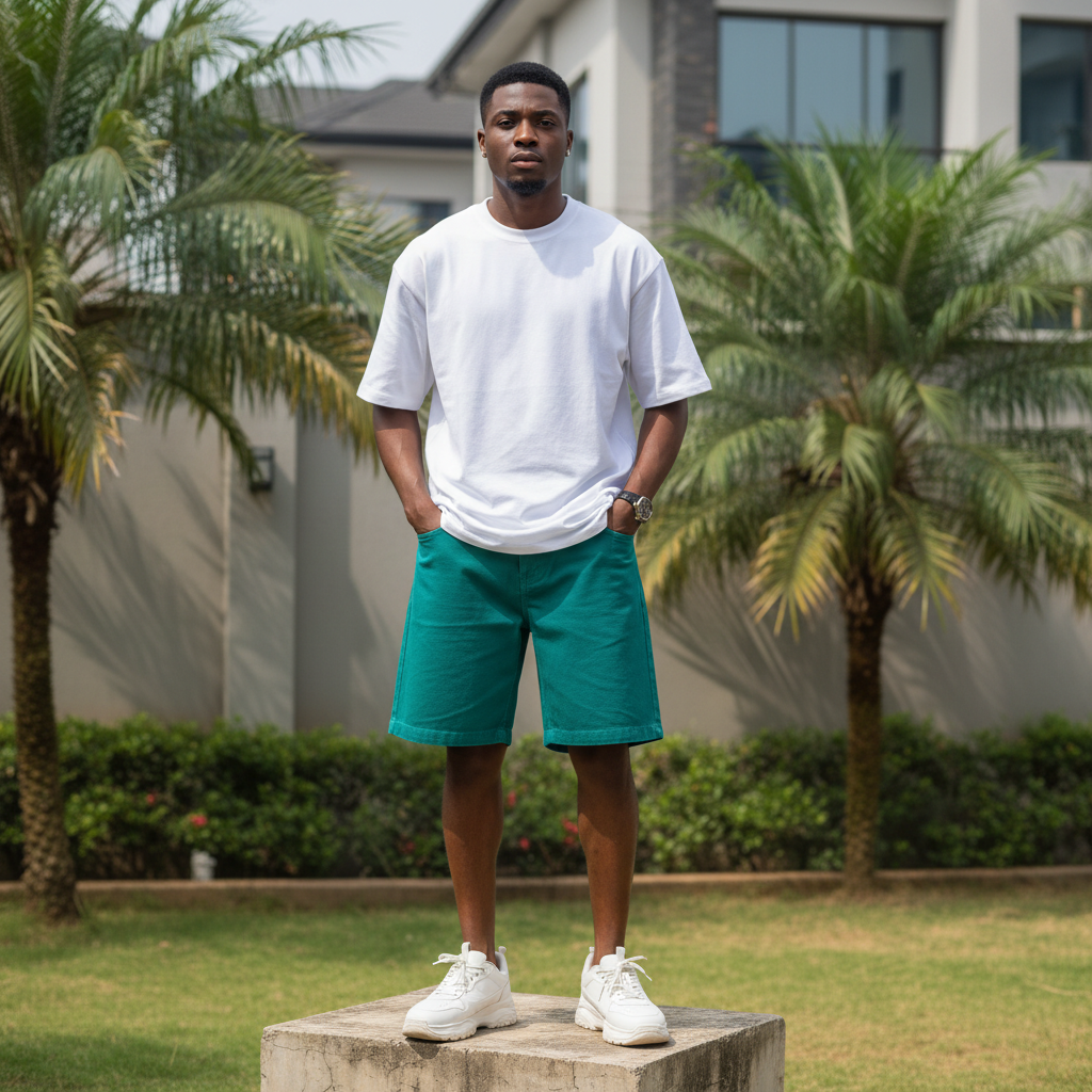 Nigerian male model wearing men's teal emerald green wide-leg denim shorts streetwear style