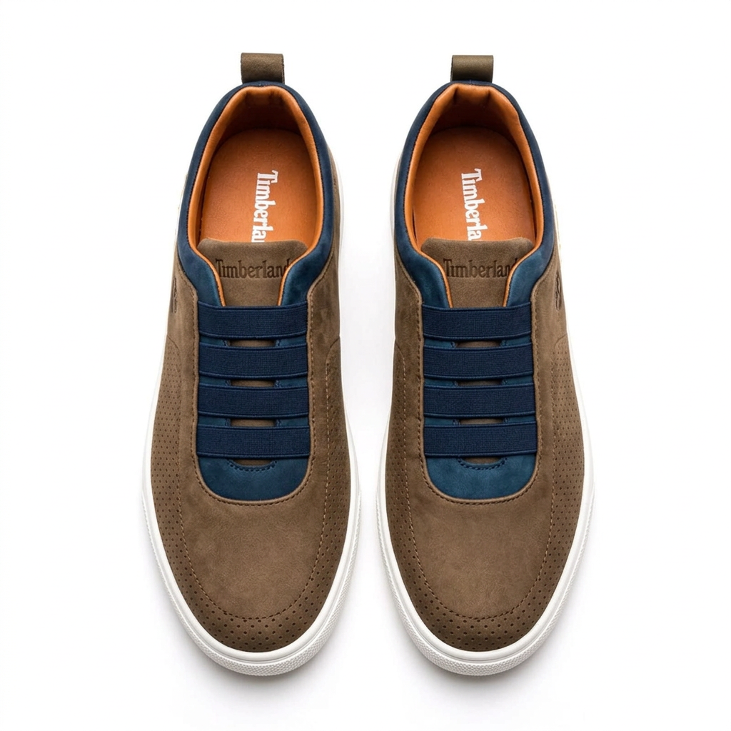 Straight-on brown navy-trim elastic-band sneakers with white soles