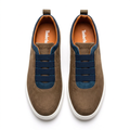 Straight-on brown navy-trim elastic-band sneakers with white soles