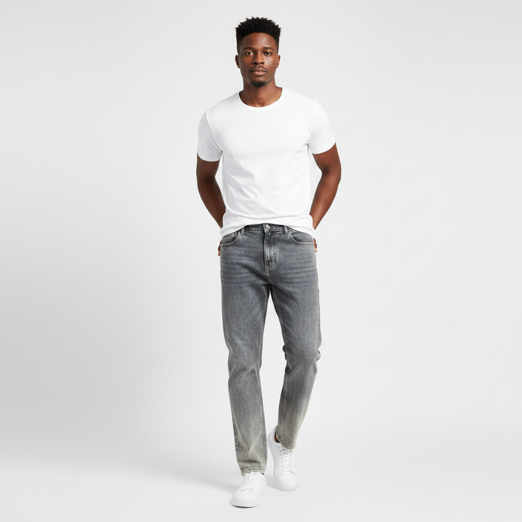 Nigerian model wearing grey washed straight jeans