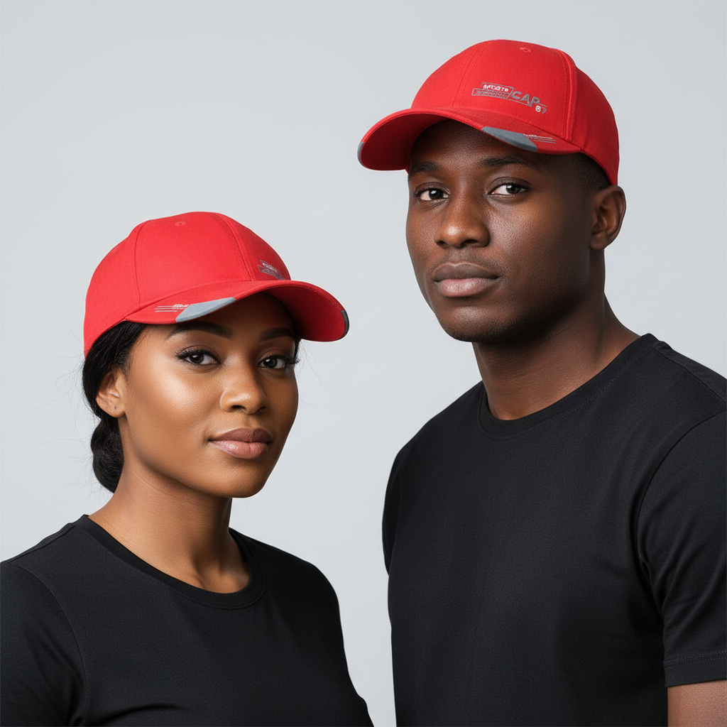 Nigerian male and female models wearing red performance sports baseball cap with grey brim trim