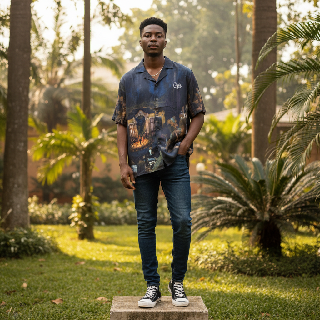 Nigerian male model wearing dark navy oil painting graphic Cuban collar shirt — full body street style