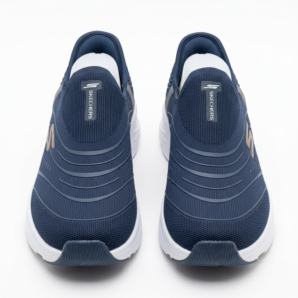 Pair of navy mesh slip-on sneakers with curved overlays and white soles on white