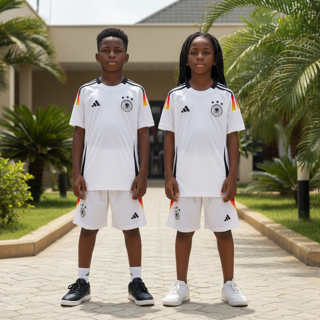 Nigerian boy and girl wearing white and black panel kids football jersey and shorts set