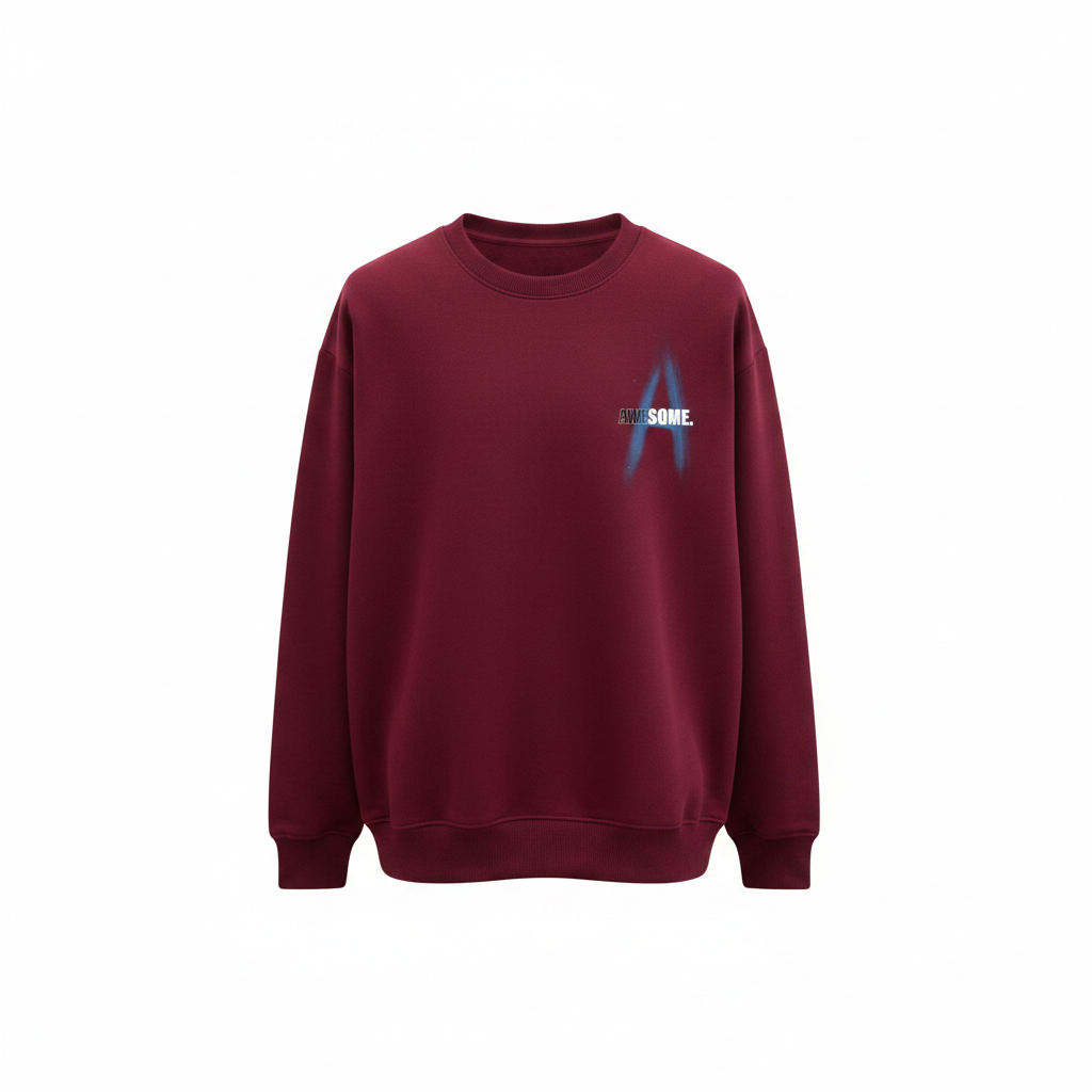 Unisex burgundy sweatshirt with blue spray-paint letter chest graphic – ghost mannequin front view