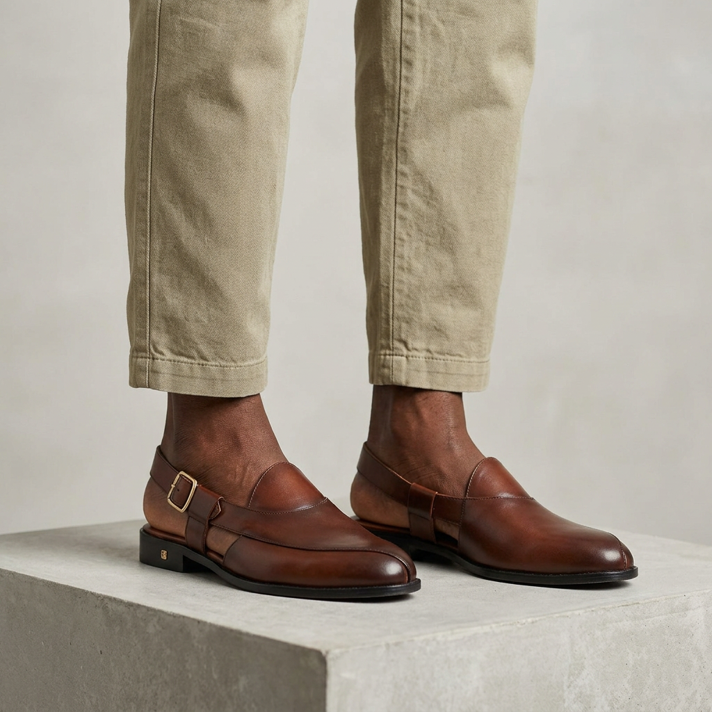 Men's brown slingback sandals with gold-tone buckle worn with relaxed-fit trousers