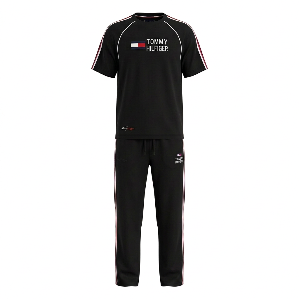 Black T-shirt and trouser set with red-and-white side stripes on an invisible mannequin