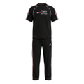 Black T-shirt and trouser set with red-and-white side stripes on an invisible mannequin