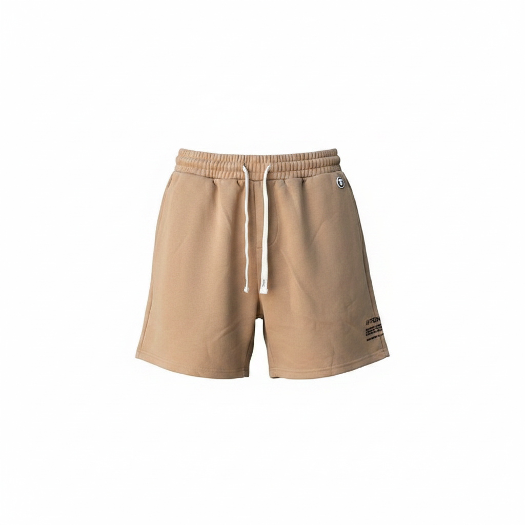 Ghost mannequin front view of khaki camel fleece drawstring shorts with circle logo badge and black text print