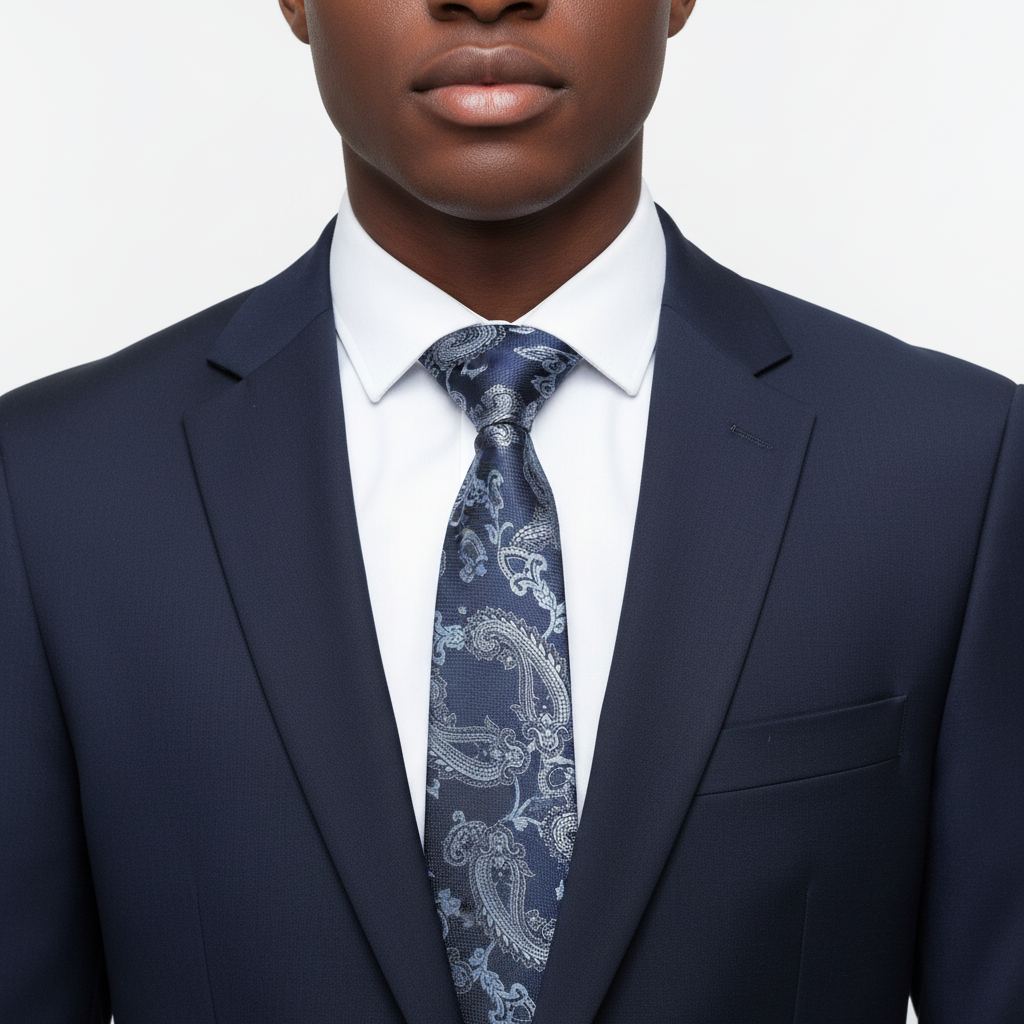Navy Blue Silver Paisley Baroque Woven Necktie – Model Shot