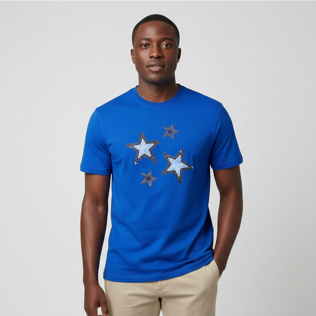 Model wearing the royal blue star patch t-shirt