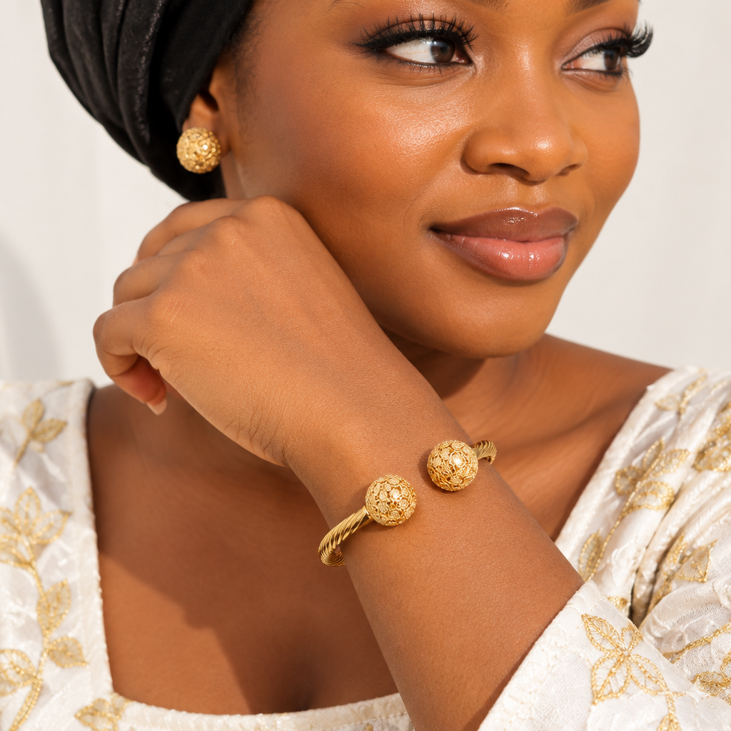 Gold Twisted Rope Filigree Ball Cuff Bangle – Model Shot