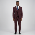 Full-body Black adult model wearing a burgundy three-piece suit
