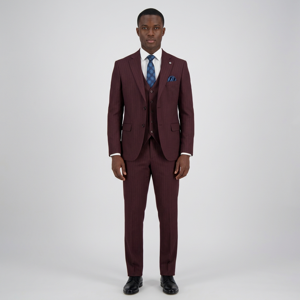 Full-body Black adult model wearing a burgundy three-piece suit