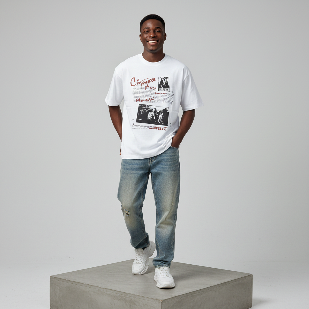 White Chanyoo Collage Graphic Oversized Tee - Male Model Front