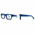Blue rectangular fashion eyeglasses shown in front and side views
