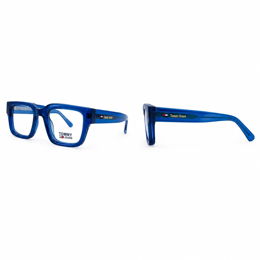 Blue rectangular fashion eyeglasses shown in front and side views