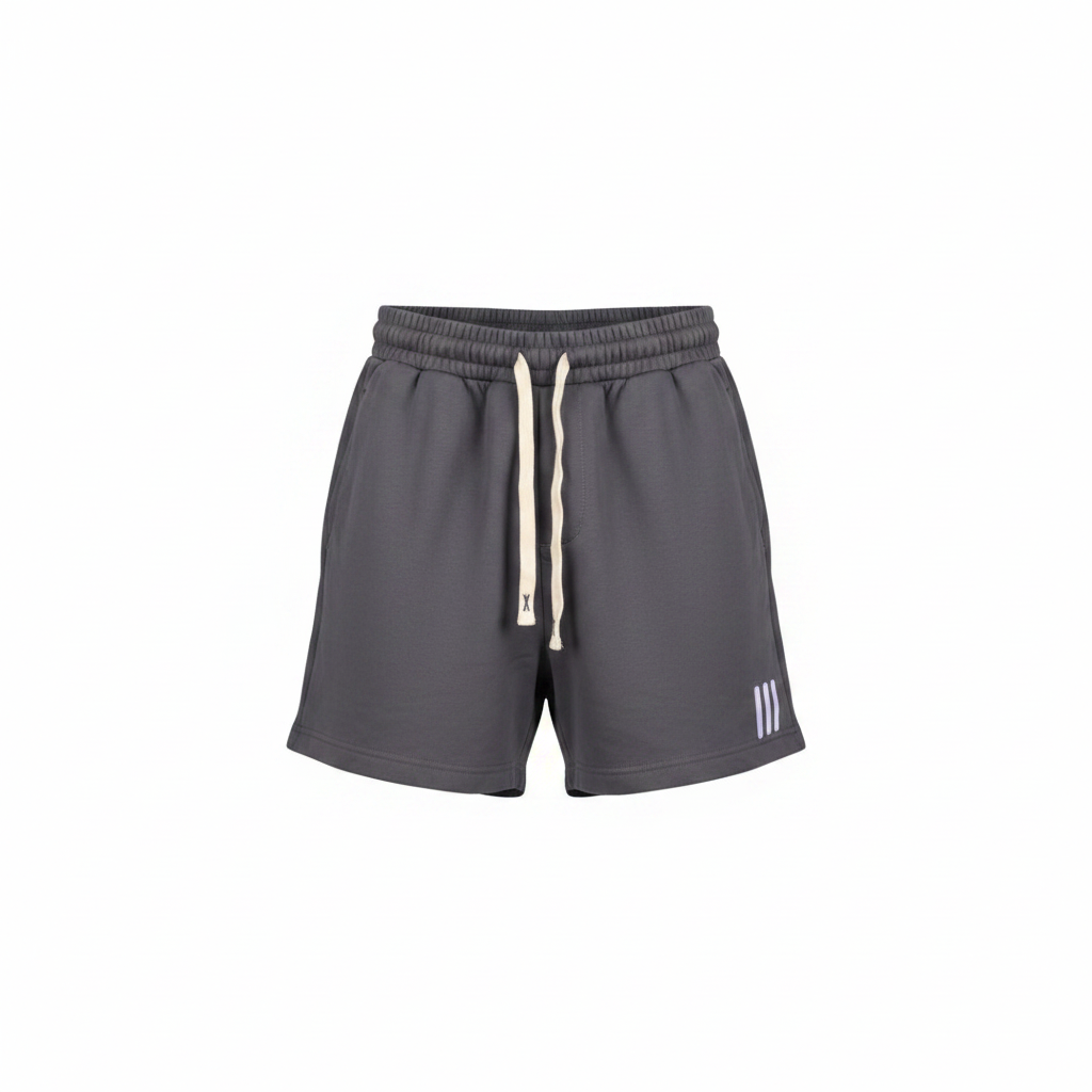Men's charcoal grey three-stripe hem athletic sweat shorts — ghost mannequin front view