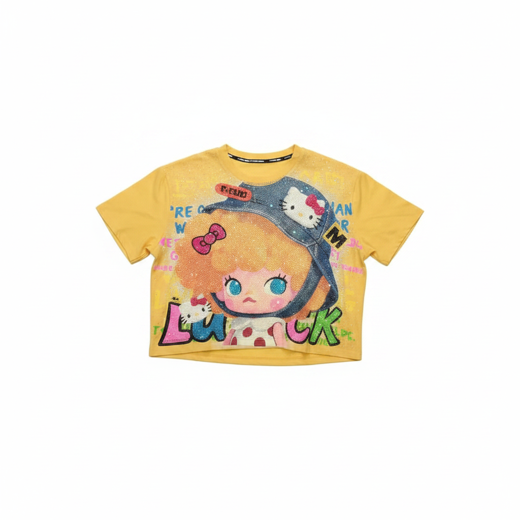 Yellow Rhinestone Anime Girl Graphic Crop Top - Ghost Mannequin