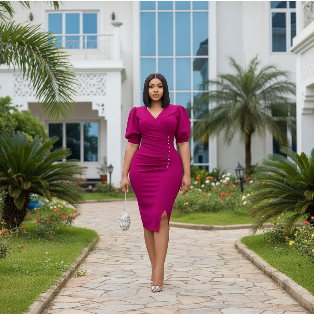 Women's Fuchsia Puff-Sleeve V-Neck Bodycon Midi Dress - Nigerian Female Model