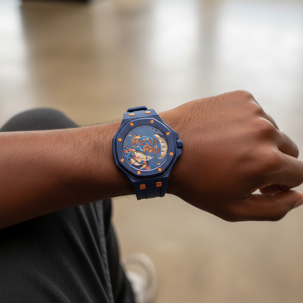 Nigerian male model wearing unisex navy blue octagonal skeleton pop watch with orange accents on wrist