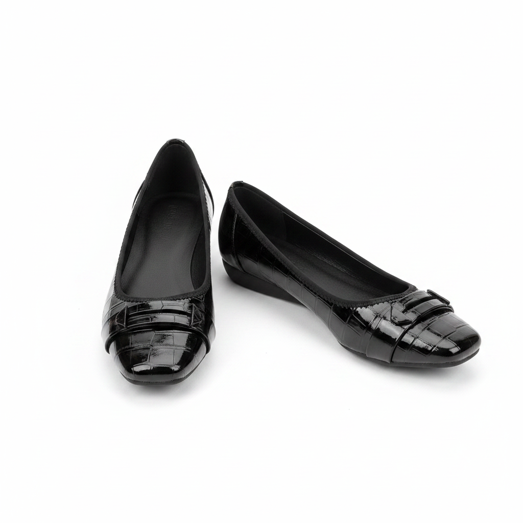 Black croc-embossed patent leather square-toe ballet flat with strap buckle — clean pair product shot