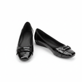 Black croc-embossed patent leather square-toe ballet flat with strap buckle — clean pair product shot