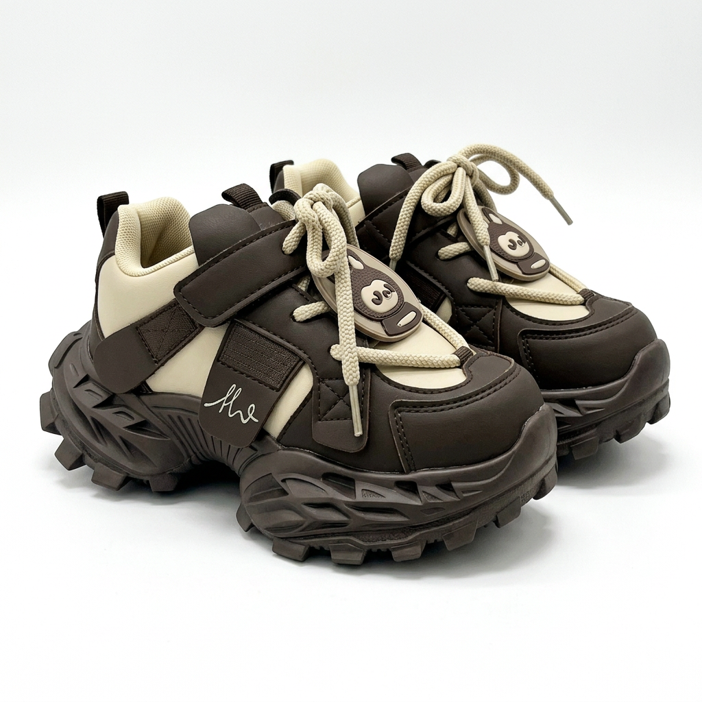 Matching dark brown and cream face-motif chunky trainers