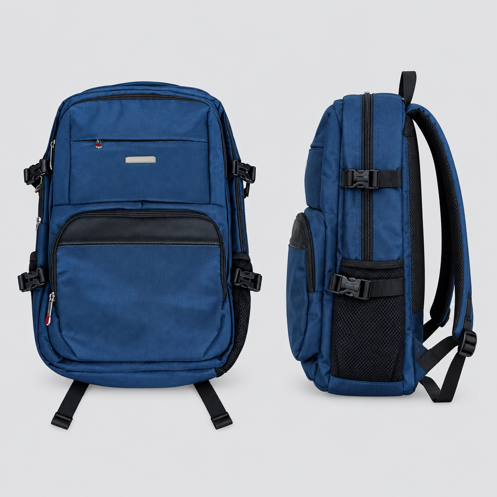 Navy blue buckle-strap backpack shown from the front and side on a plain background