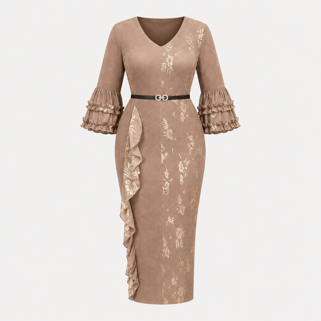 Ghost mannequin view of a taupe floral midi gown with ruffle sleeves and a belted waist
