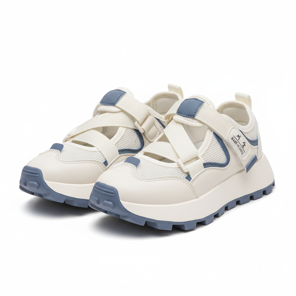 Women's cream and blue chunky platform sport sandals ghost mannequin view