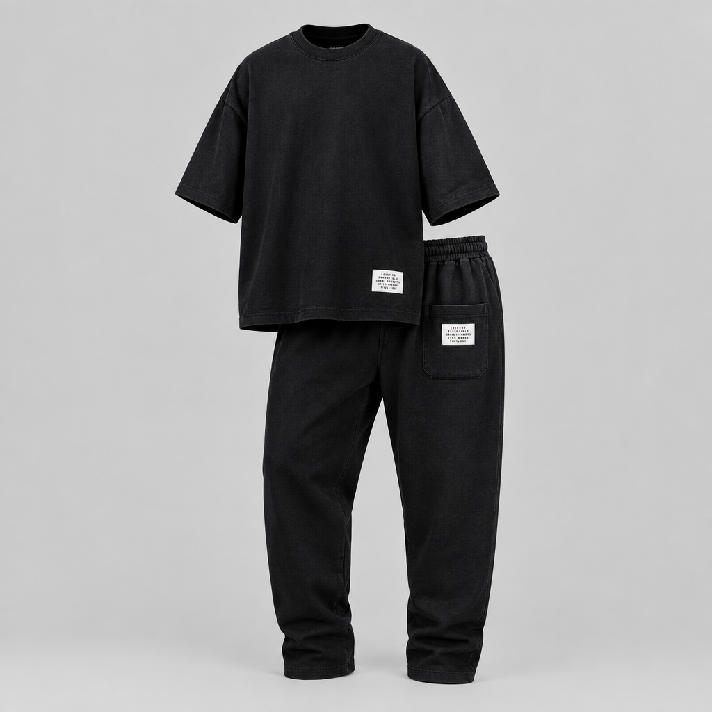 Black oversized t-shirt and jogger tracksuit set, ghost mannequin front view