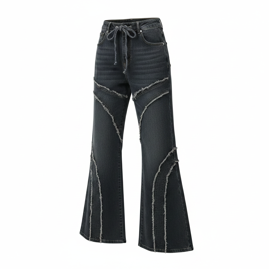 Women's Dark Grey Patchwork Raw-Edge Wide-Leg Denim Jeans - Ghost Mannequin