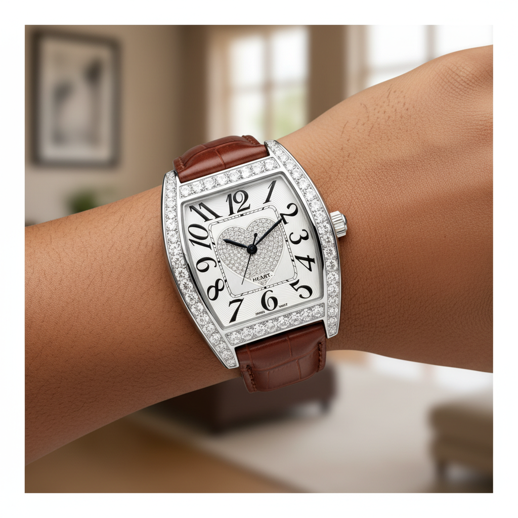 Women's silver oversized diamond bezel crystal heart dial tonneau watch worn on Nigerian model wrist — brown strap lifestyle wrist shot