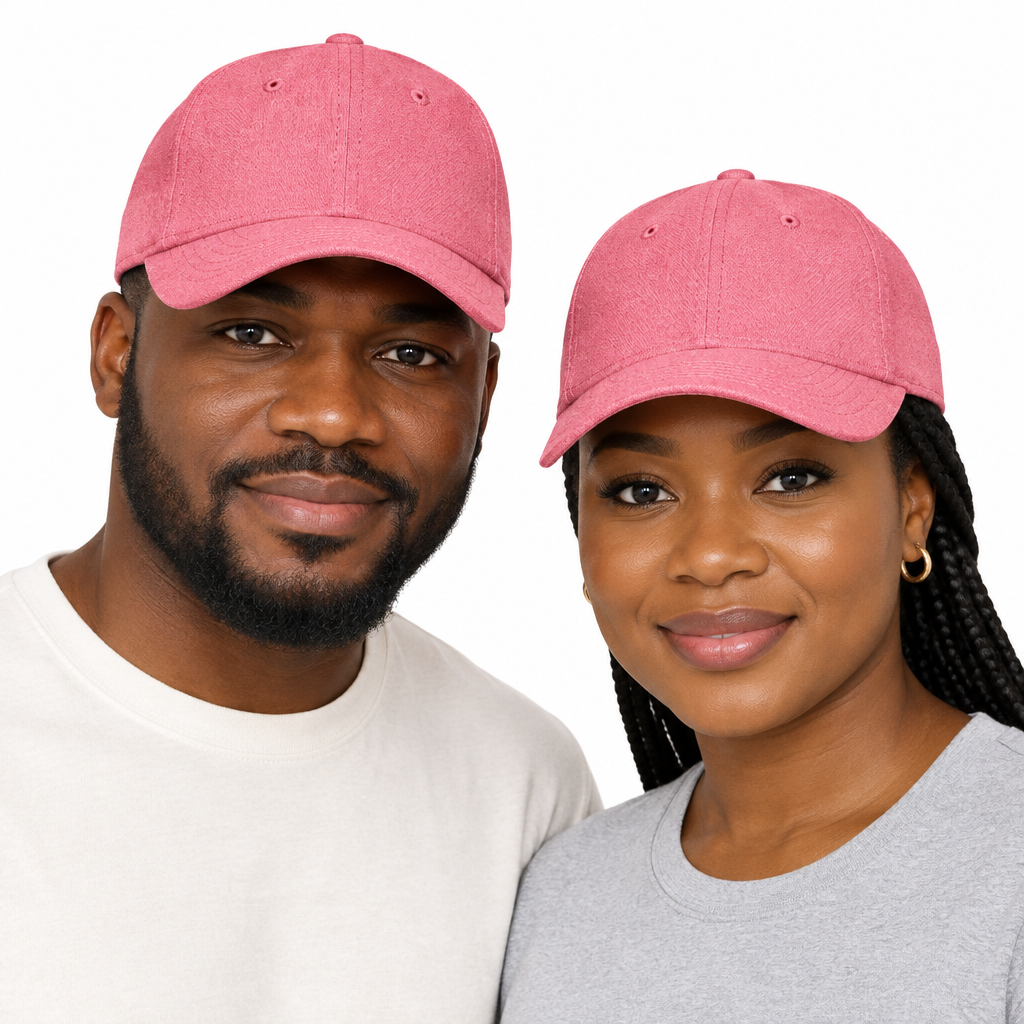 Man and woman together wearing plain rose-pink baseball caps