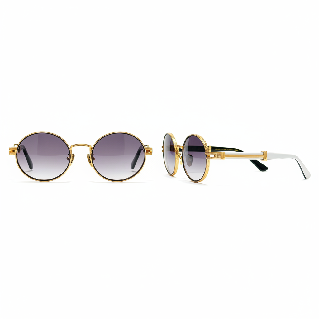 Ornate Round Sunglasses Gold Purple – Ghost Mannequin Front and Side View
