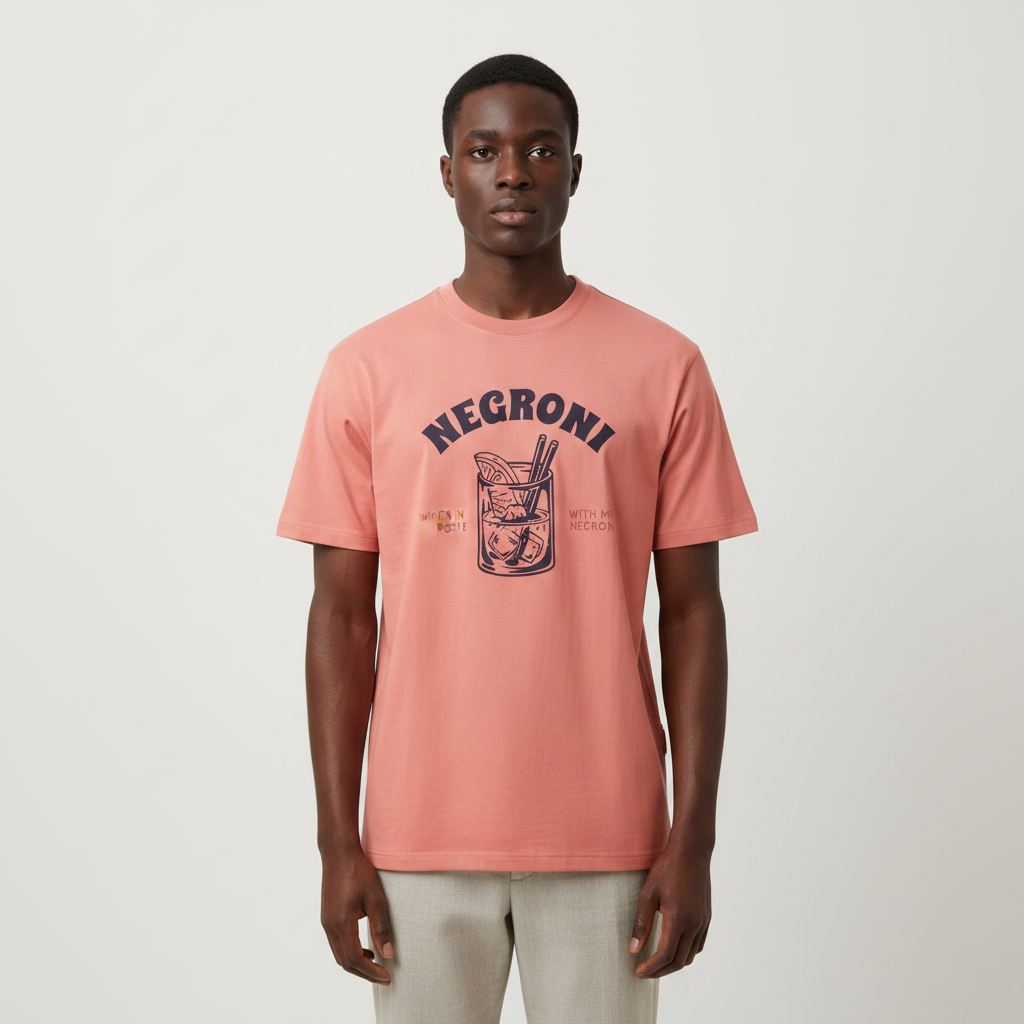Model wearing the coral pink cocktail print t-shirt