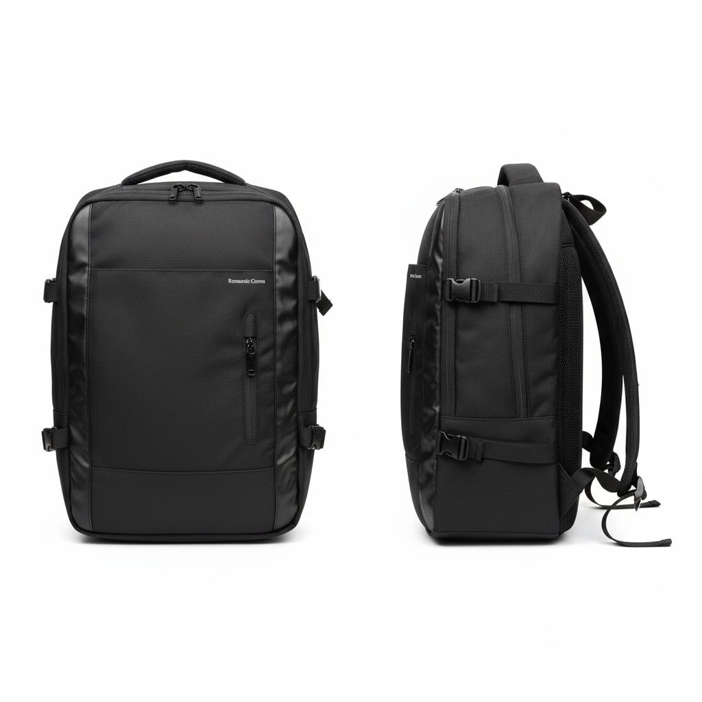 Ghost mannequin style leather backpack catalog shot, front and side view