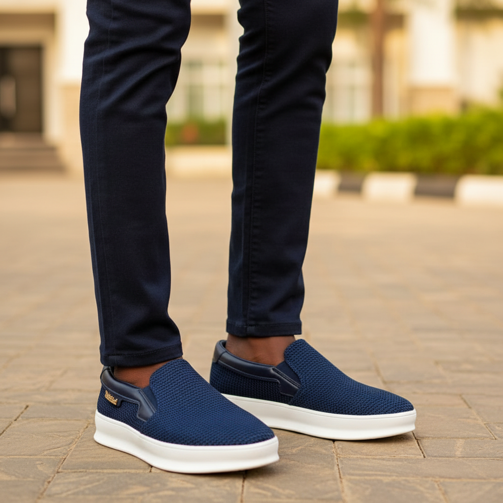 Nigerian male model wearing Timberland navy blue knit slip-on platform sneakers, tight zoomed-in leg focus lifestyle shot