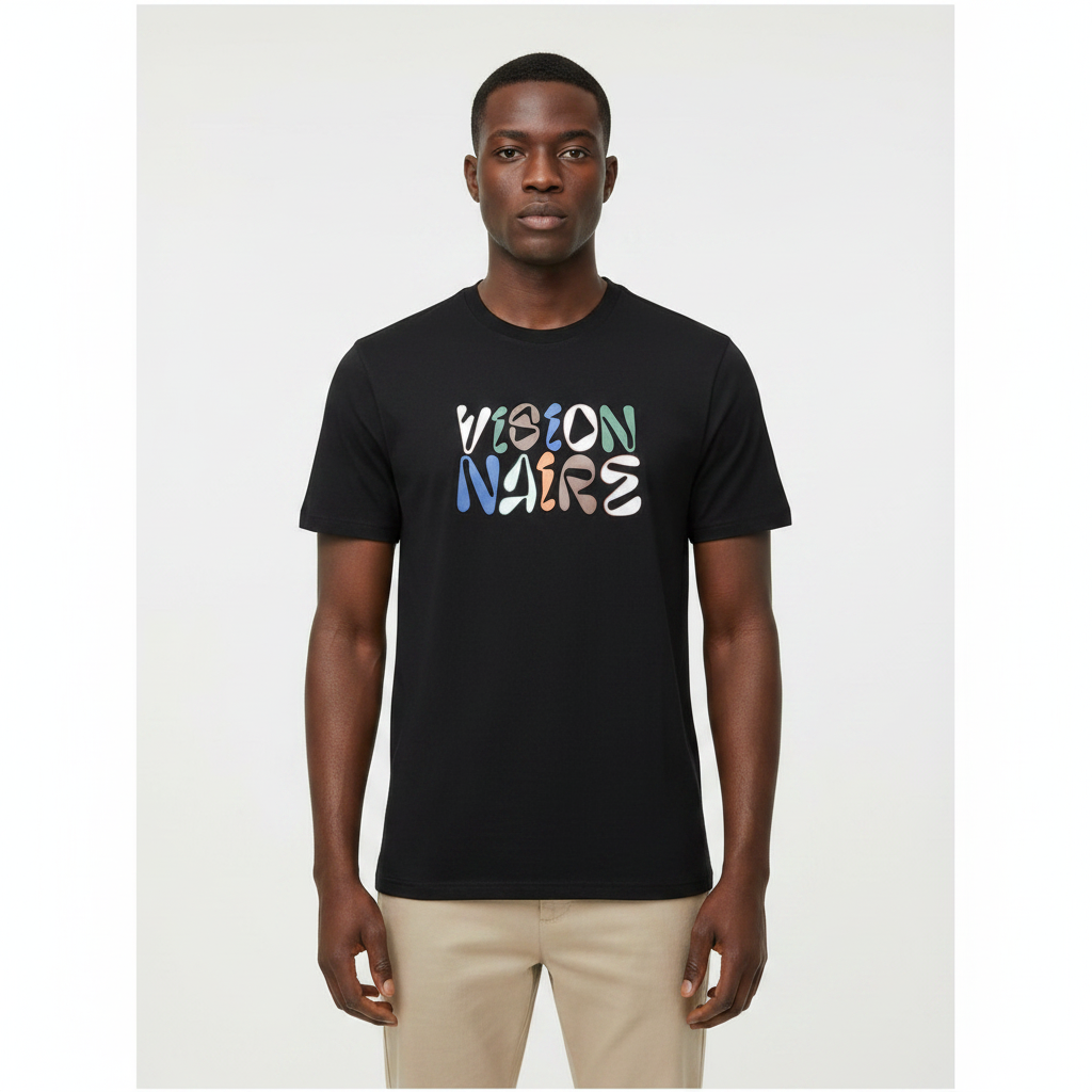 Model wearing the black multicolour bubble letter t-shirt