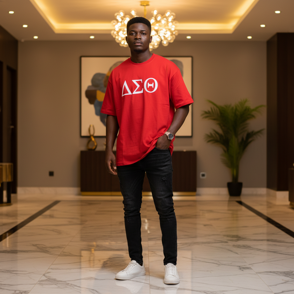 Red Greek Letters ΔΣΘ Graphic Oversized Tee – Model Shot