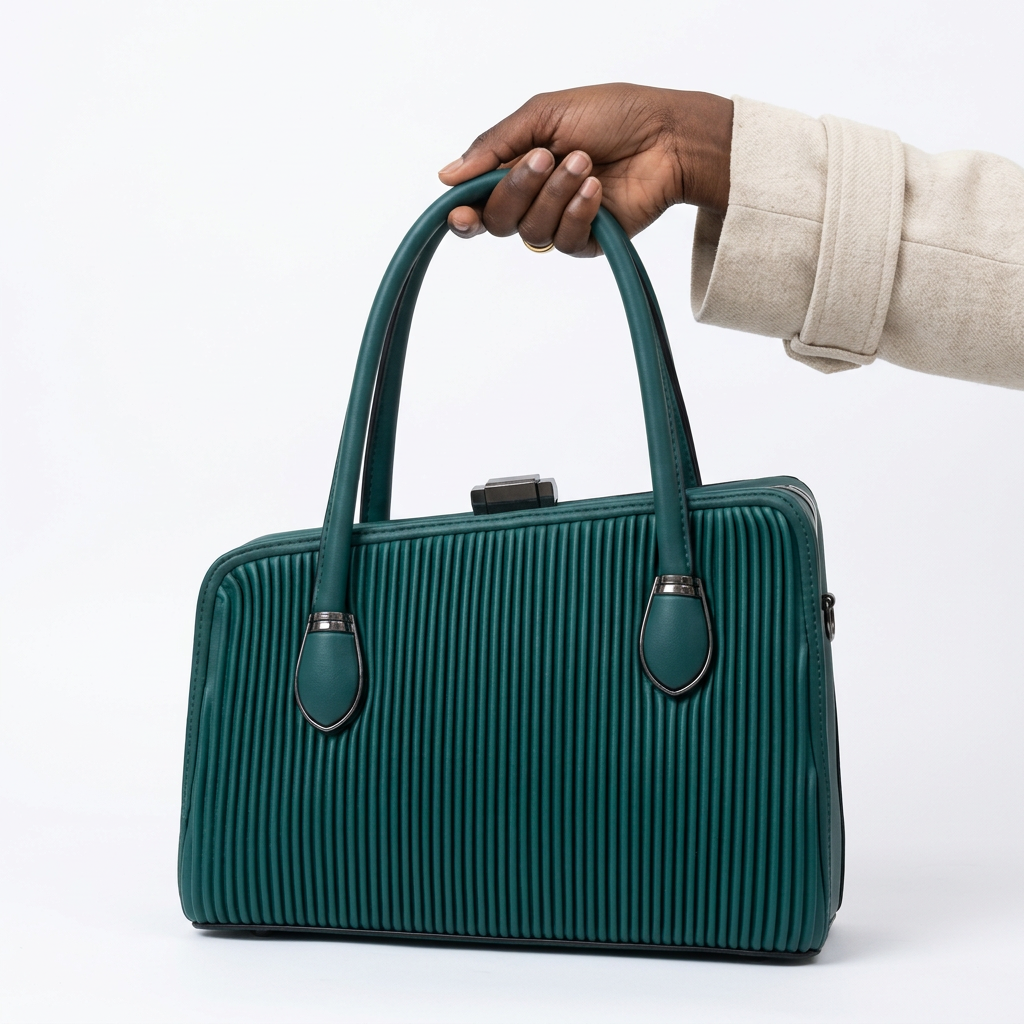 Black adult woman’s hand holding a deep teal ribbed handbag on a plain white background