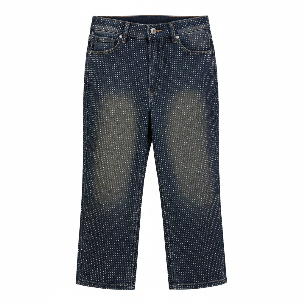 Navy Rhinestone 3/4 Denim Trousers - Ghost Mannequin Front