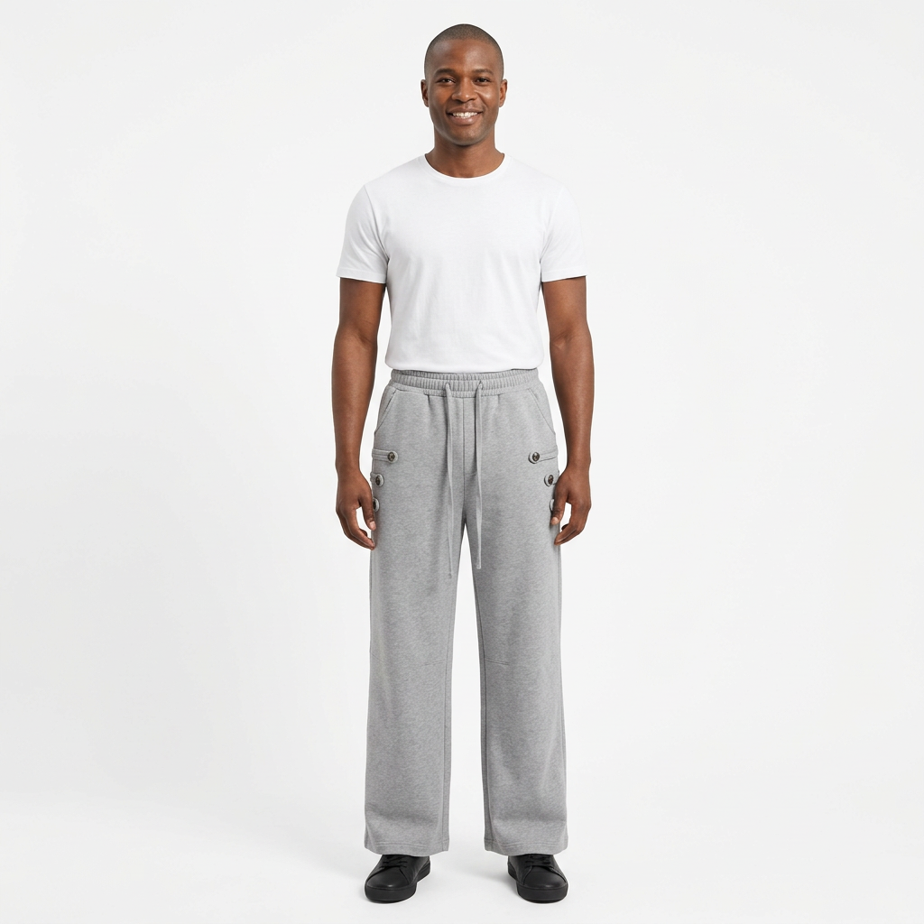 Full-body adult Black man wearing grey button-tab wide-leg drawstring trousers