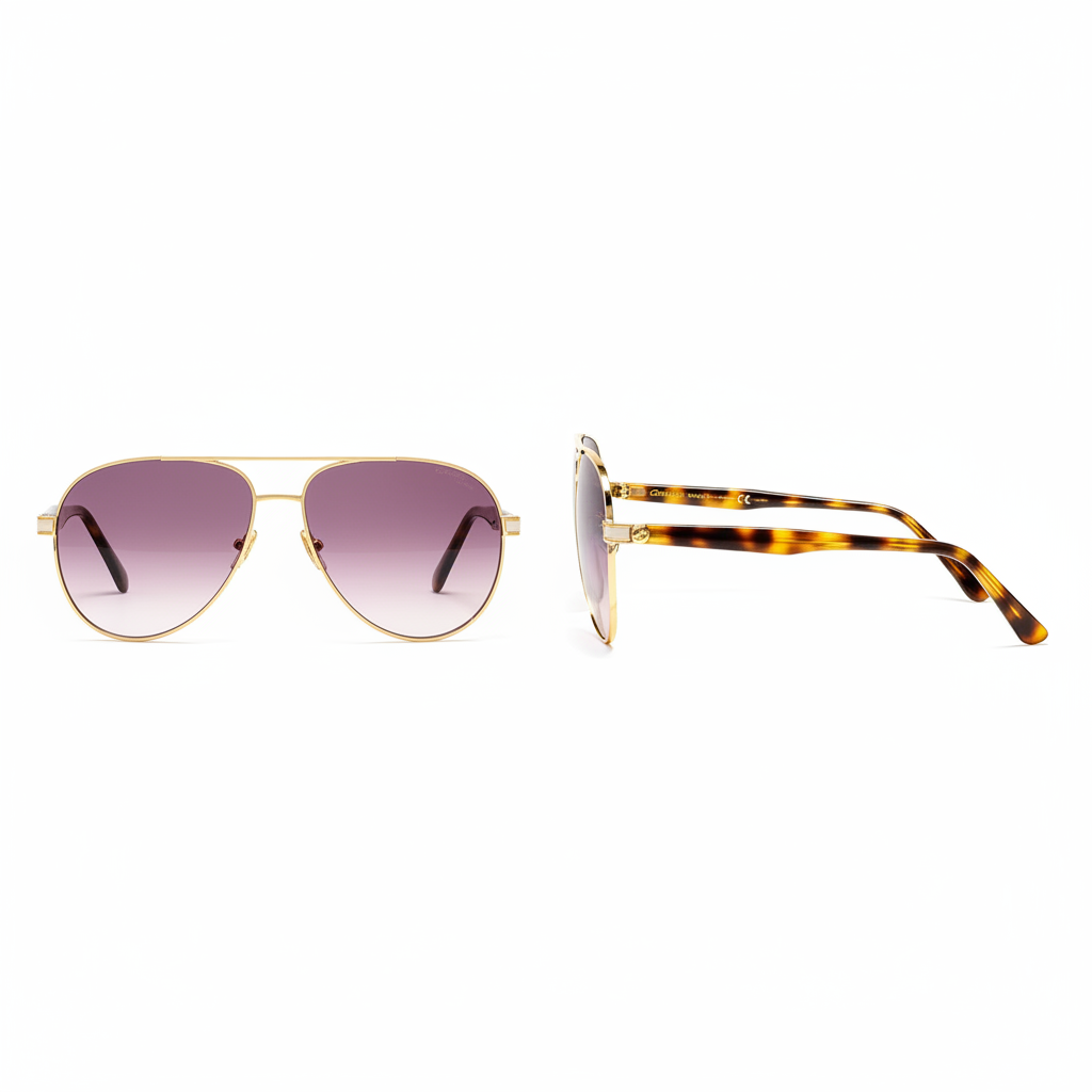Unisex aviator sunglasses gold double-bridge gradient purple pink lens tortoiseshell temple – front and side view