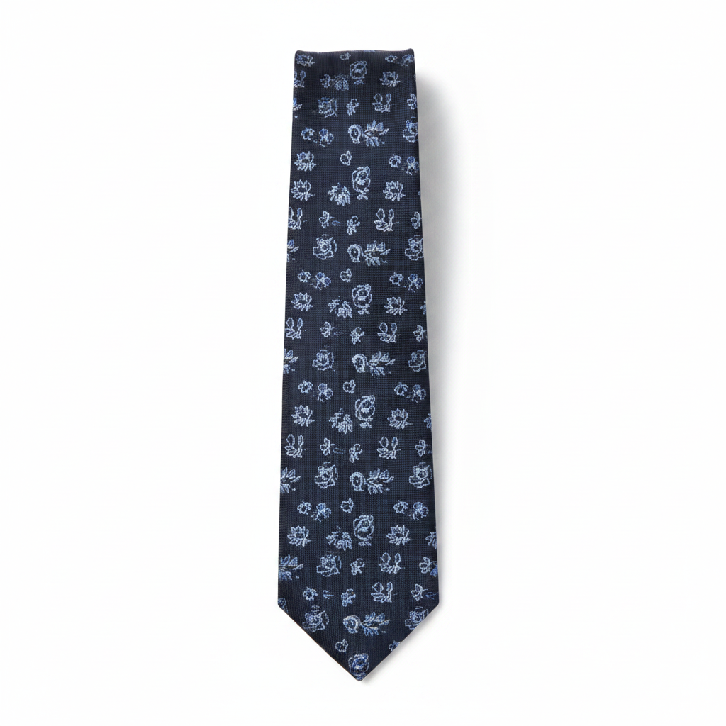Men's navy blue floral paisley pattern woven necktie flat lay product shot